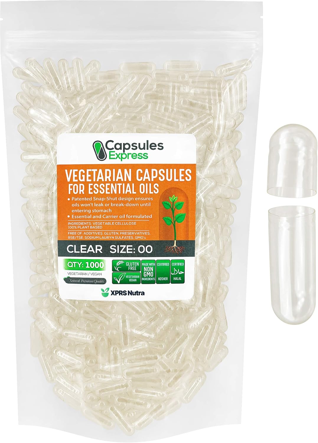 1000 Count Size 00 Clear Vegan Capsules for Essential Oils - DIY Oil Filling - Empty Vegetable Capsules