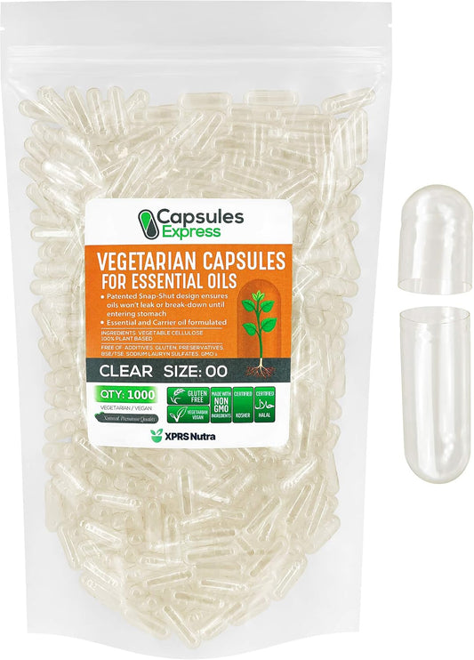 1000 Count Size 00 Clear Vegan Capsules for Essential Oils - DIY Oil Filling - Empty Vegetable Capsules