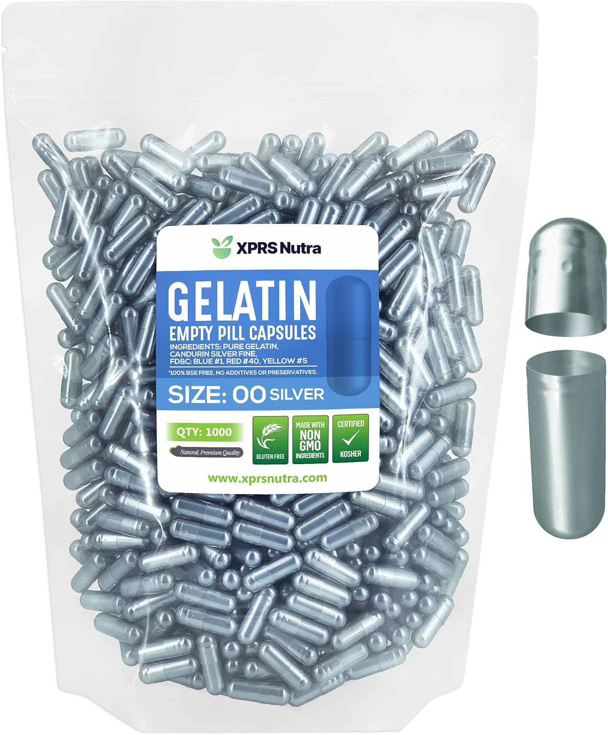 1000 Count Size 00 Empty Gelatin Capsules for DIY Capsule Filling - Fillable Pill Capsules - Silver Empty Gel Caps