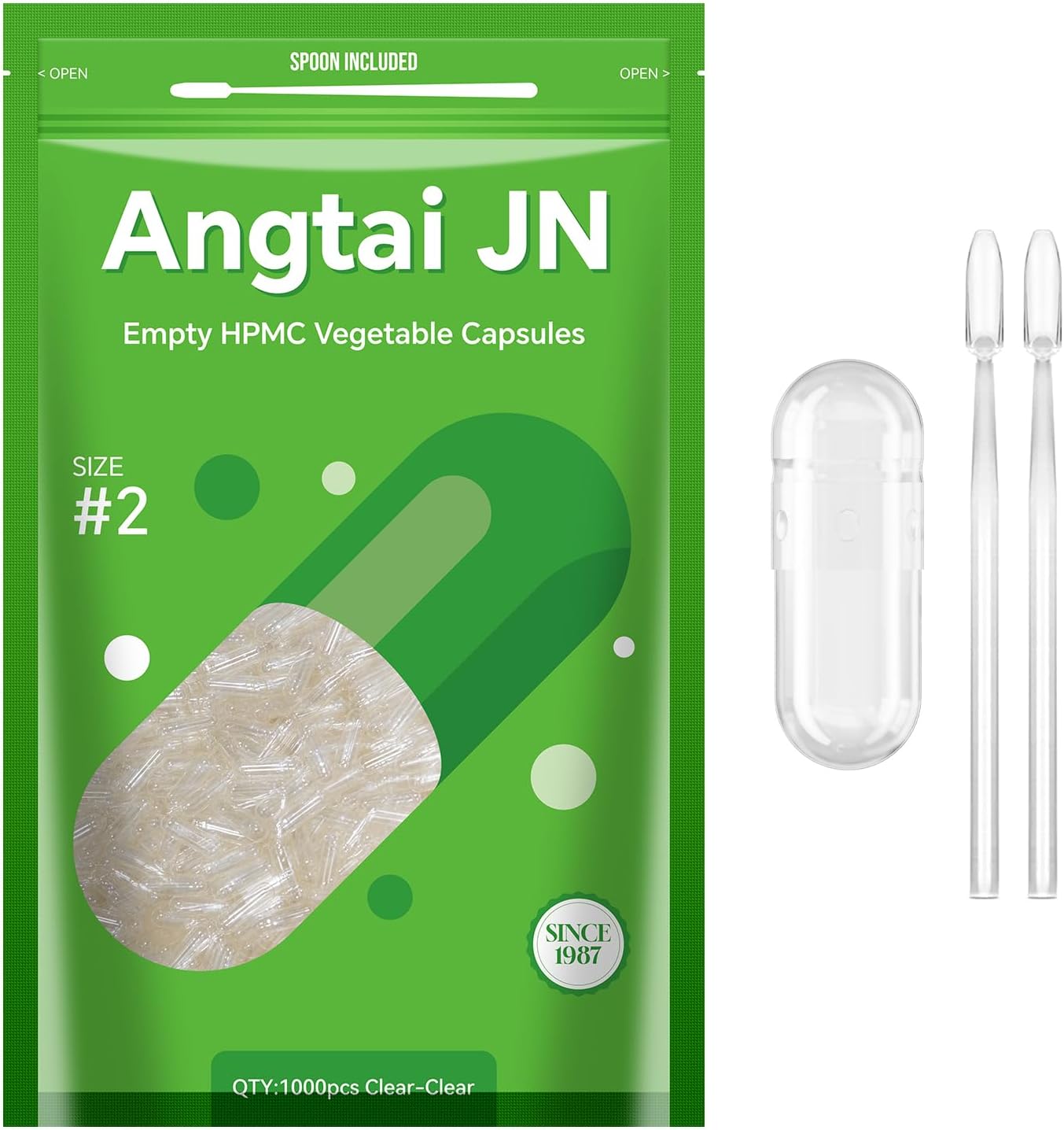 1,000 Count Size 2 Clear Vegan Capsules Kit with 2 Spoons - Gluten Free, Non-GMO, Halal Certified for DIY Supplements