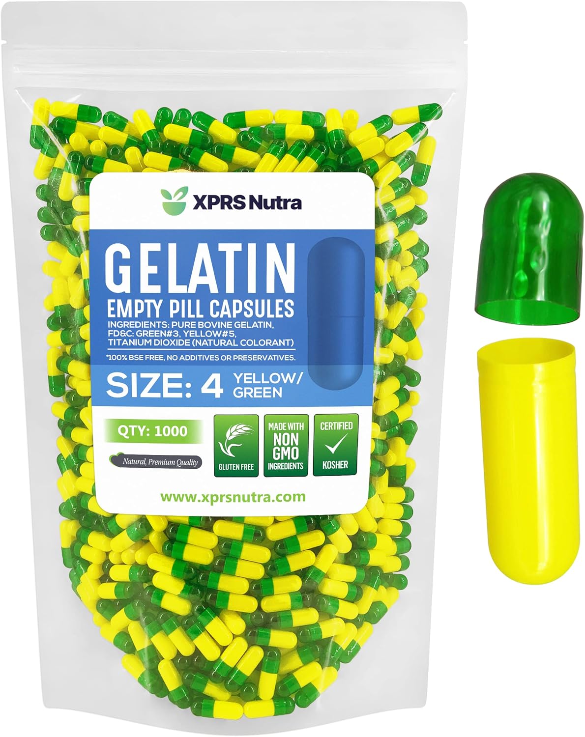 1000 Count Small Empty Gelatin Capsules for DIY Capsule Filling - Bovine Empty Gel Caps - XPRS Nutra Green/Yellow Caps - BoostGo Australia