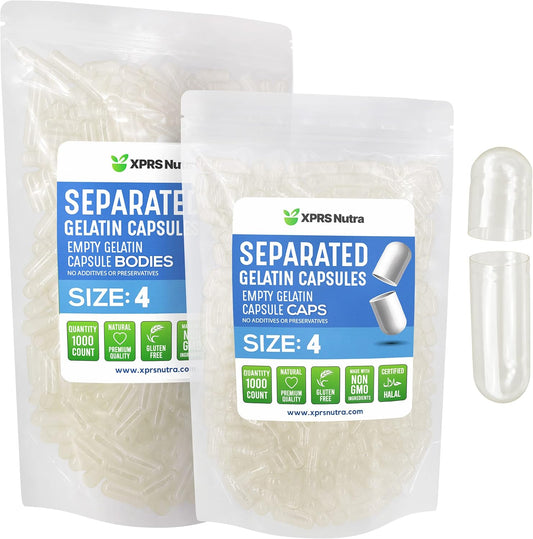 1000 Count XPRS Nutra Gelatin Size 4 Empty Capsules in Bags for DIY Supplement Filling