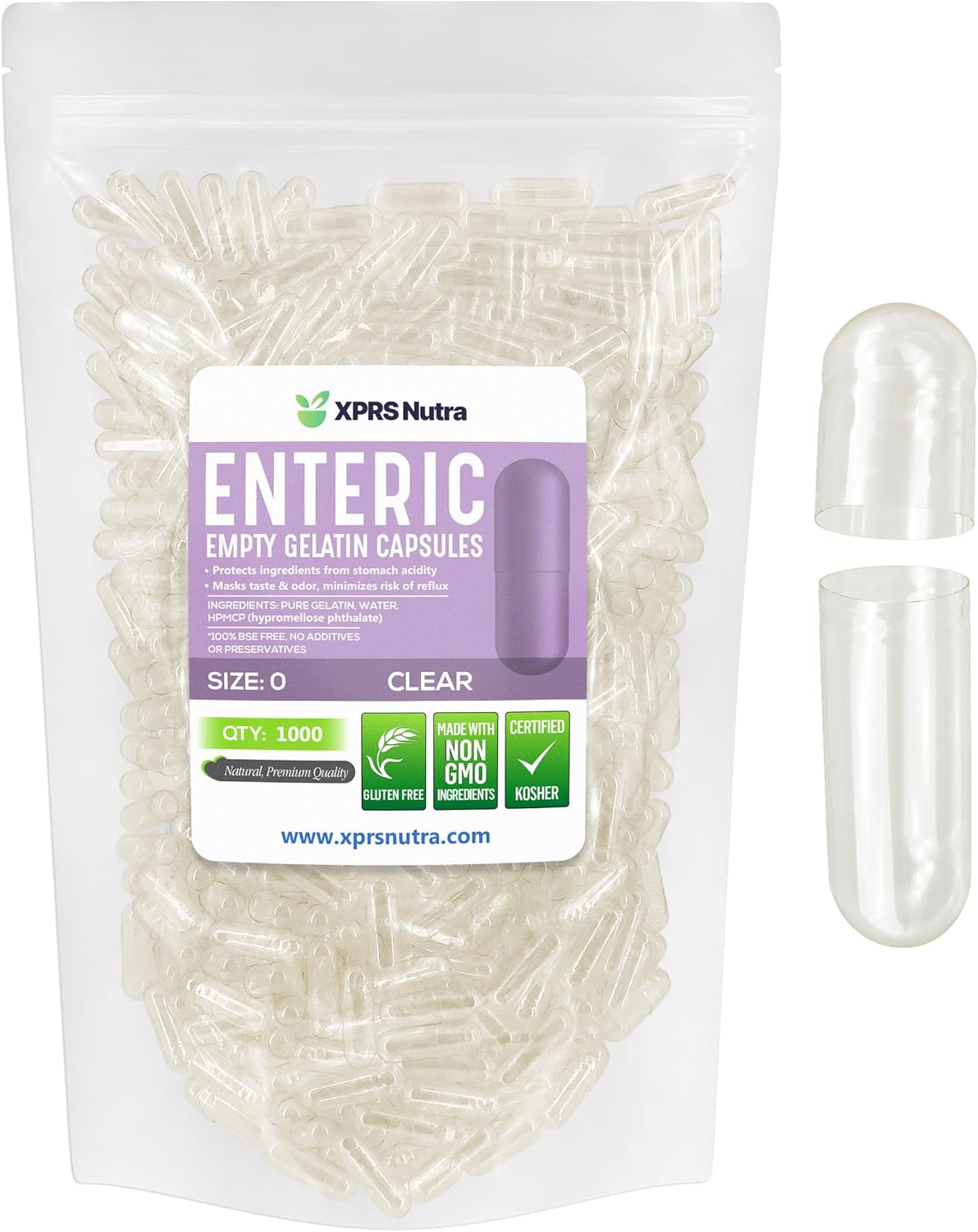 1000 Count XPRS Nutra Size 0 Clear Enteric Coated Empty Gelatin Capsules for DIY Capsule Filling