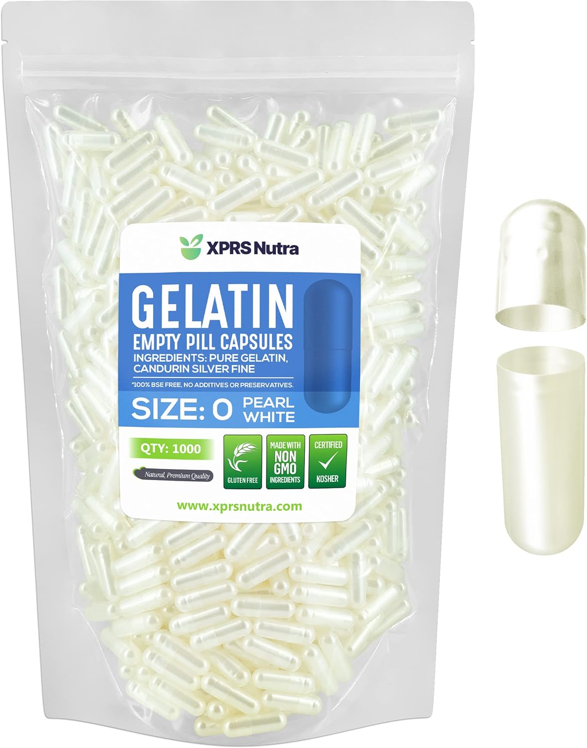 1000 Count XPRS Nutra Size 0 Empty Gelatin Capsules for DIY Capsule Filling - Pure Bovine Pill Caps - Pearl White Color