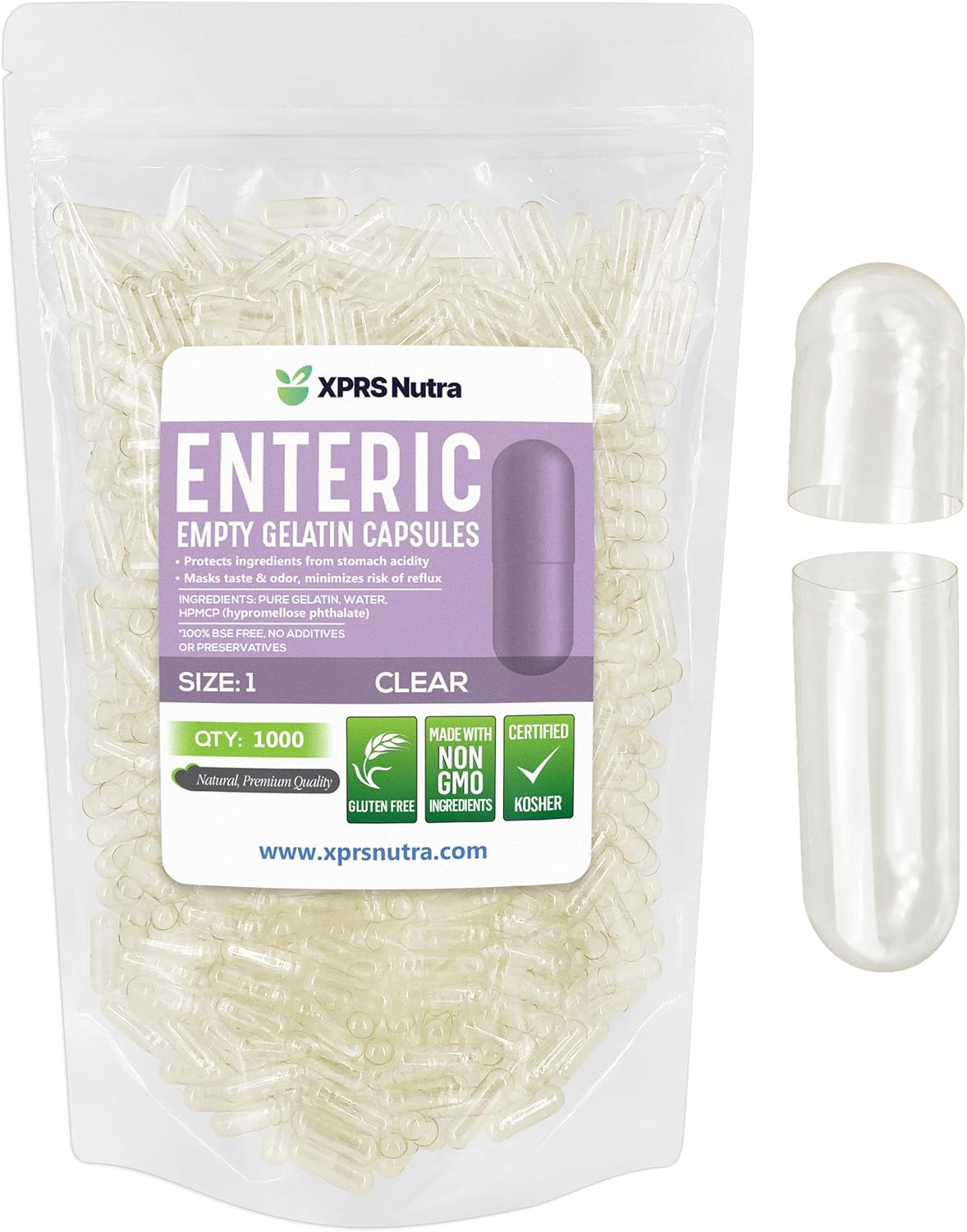 1000 Count XPRS Nutra Size 1 Clear Enteric Coated Empty Gelatin Capsules - DIY Capsule Filling Kit with Pure Bovine Gel Caps - Delayed Release Pill Capsules