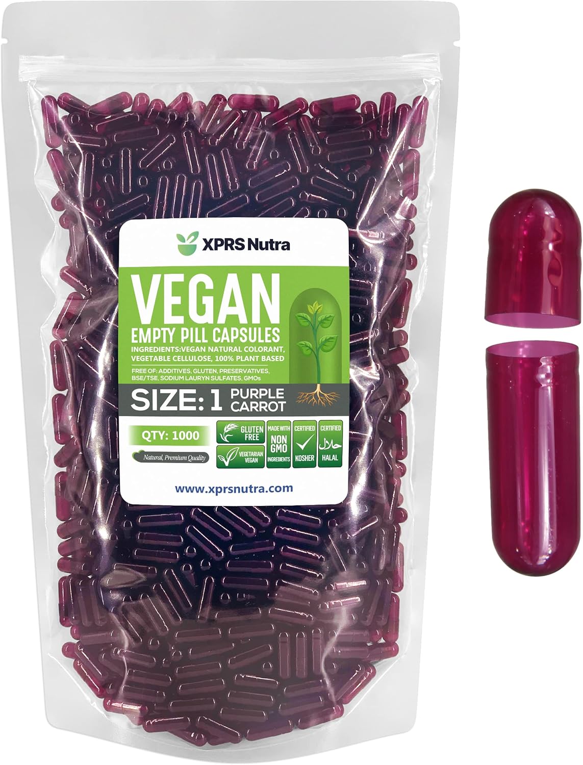 1000 Count XPRS Nutra Size 1 Purple Carrot Vegan Empty Capsules - DIY Vegetarian Vegetable Filling - Veggie Pill Caps - Empty Size 1 Caps