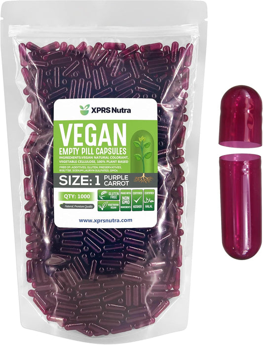 1000 Count XPRS Nutra Size 1 Purple Carrot Vegan Empty Capsules - DIY Vegetarian Vegetable Filling - Veggie Pill Caps - Empty Size 1 Caps