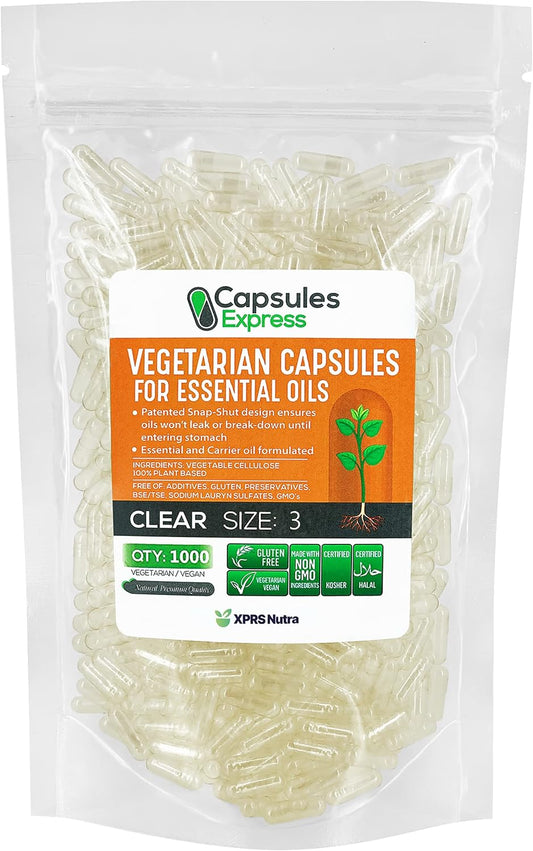 1000 Count XPRS Nutra Size 3 Clear Vegan Capsules for Essential Oils - Empty Vegetable Capsules for DIY Oil Filling - Compatible with Most Oils