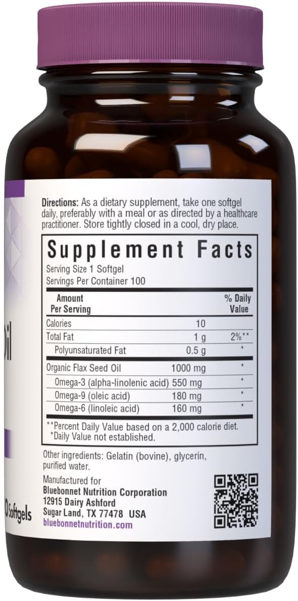 1000 mg Bluebonnet Nutrition Flax Seed Oil Supplement for Heart Health and Immune Support