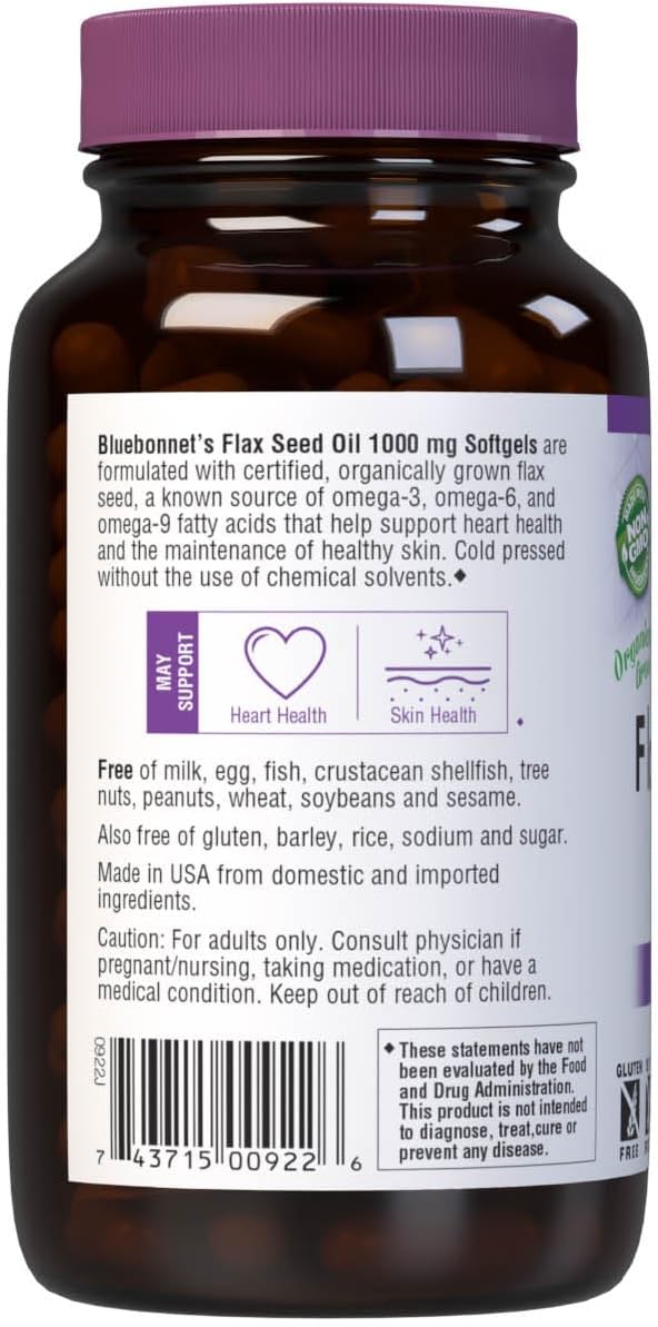 1000 mg Bluebonnet Nutrition Flax Seed Oil Supplement for Heart Health and Immune Support