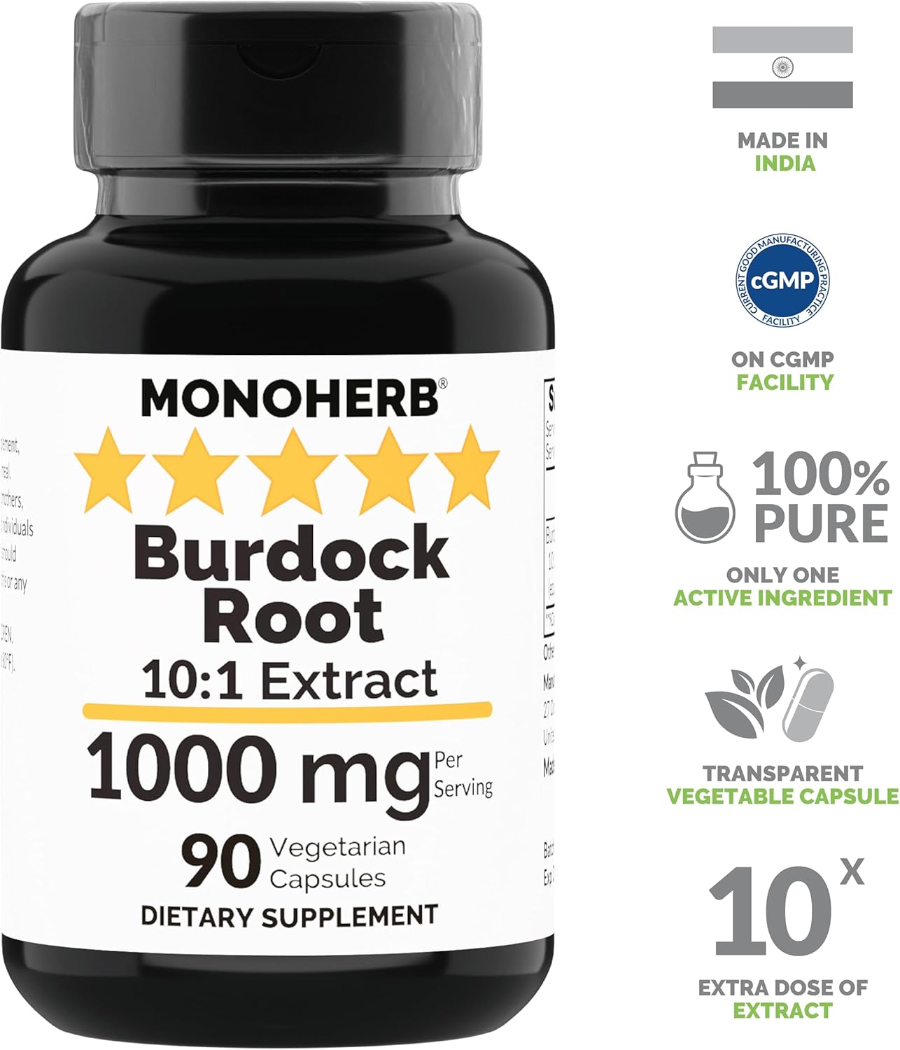 1000 mg Burdock Root Extract Capsules - 90 Count - Vegetarian-Friendly - MONOHERB