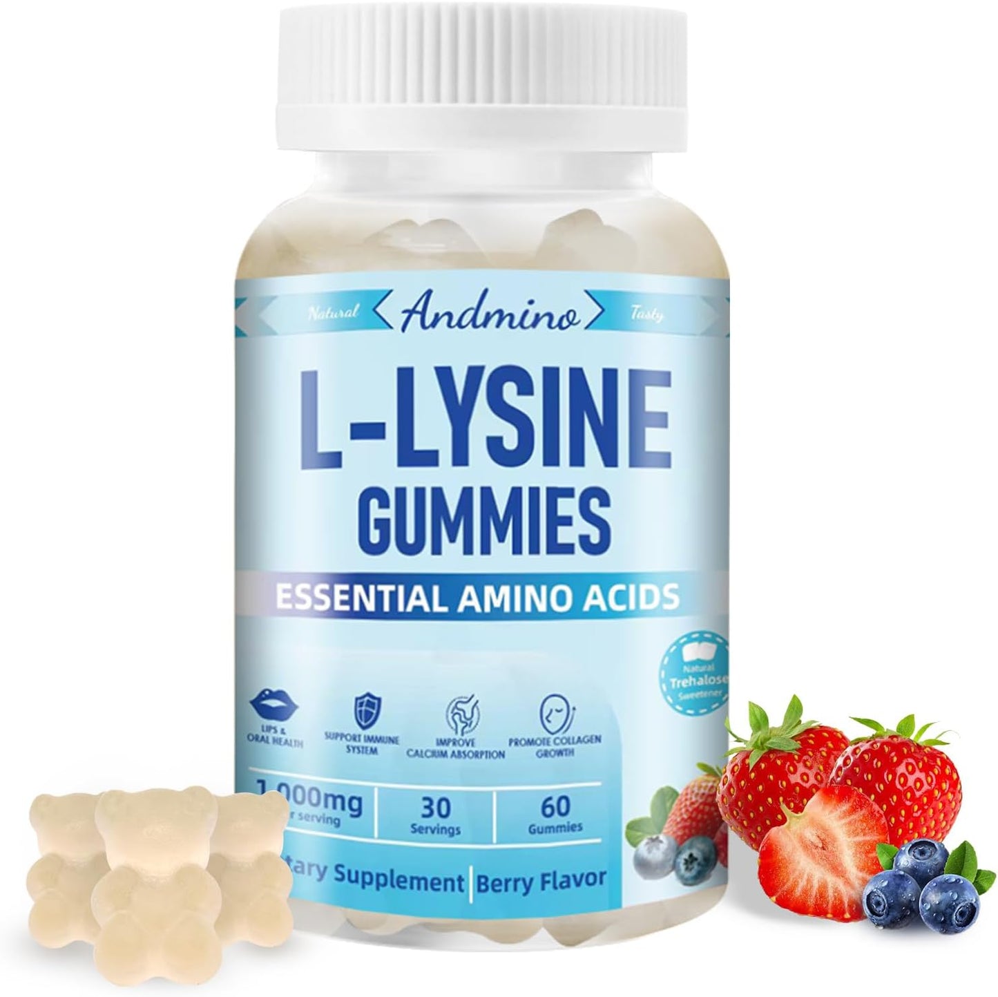1000 mg L-Lysine and L-Glutamine Gummies with Trehalose - Vegan, Non-GMO, Gluten Free - Fruit Flavor for Adults & Kids