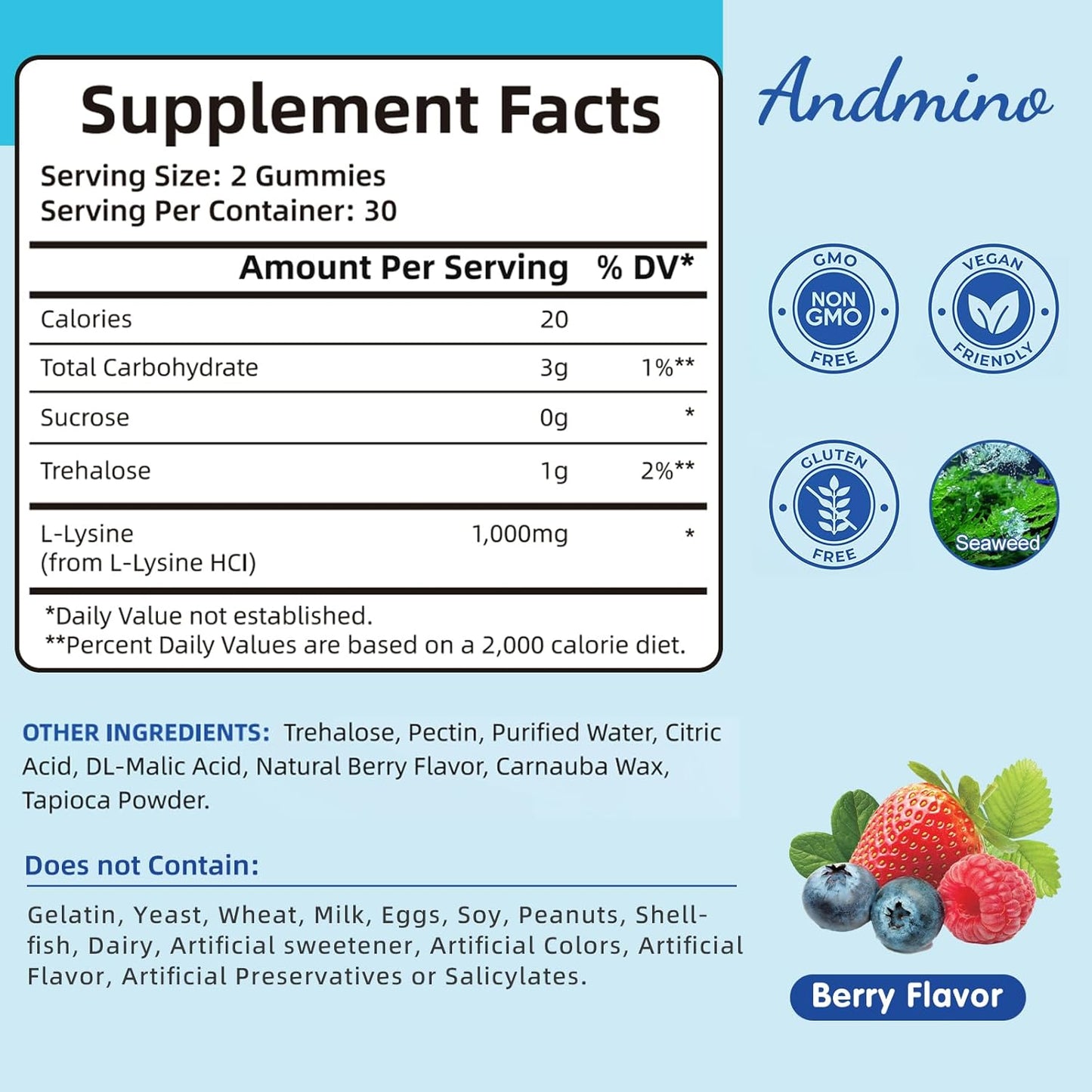 1000 mg L-Lysine and L-Glutamine Gummies with Trehalose - Vegan, Non-GMO, Gluten Free - Fruit Flavor for Adults & Kids