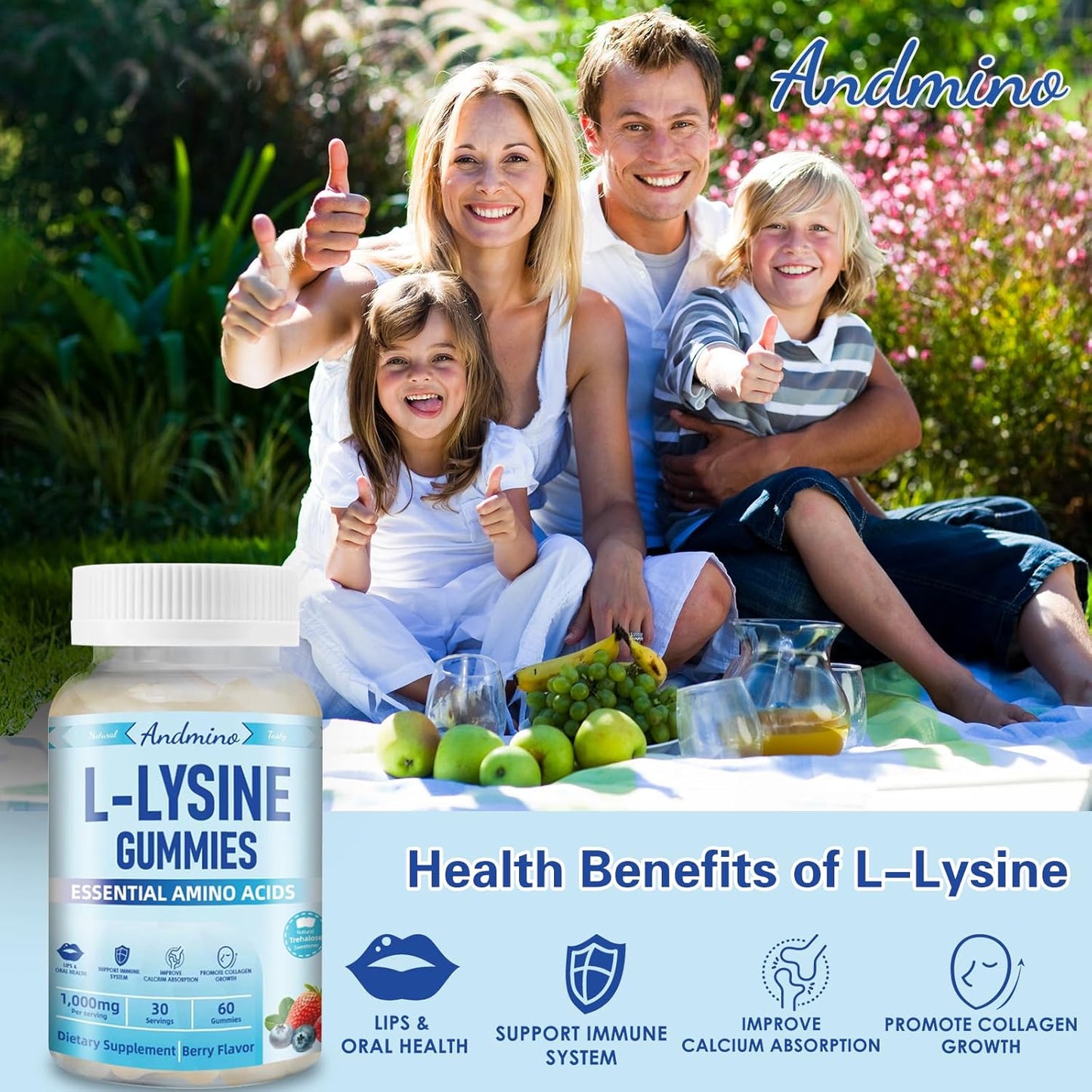 1000 mg L-Lysine and L-Glutamine Gummies with Trehalose - Vegan, Non-GMO, Gluten Free - Fruit Flavor for Adults & Kids