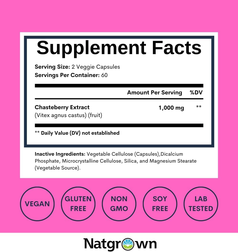 1,000 mg Natgrown Chasteberry Supplement for Women - Hormone Balance & Fertility Support - 120 Ct Capsules