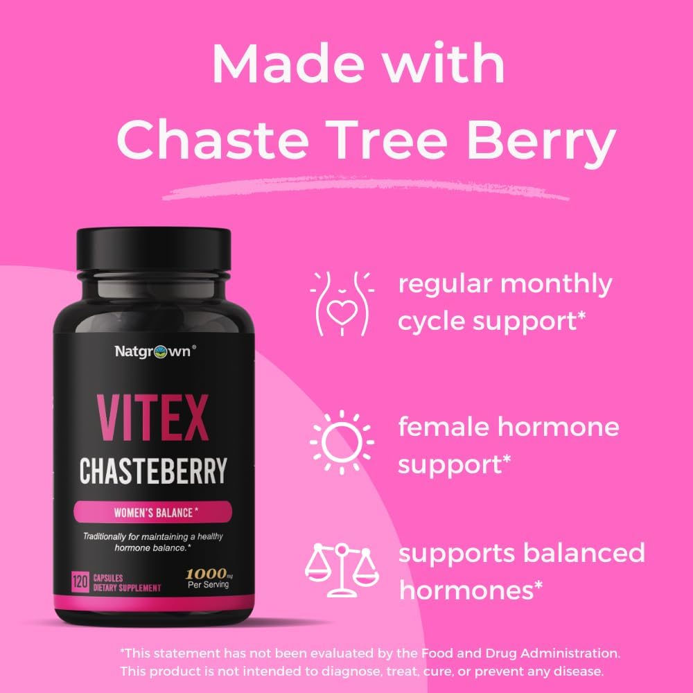1,000 mg Natgrown Chasteberry Supplement for Women - Hormone Balance & Fertility Support - 120 Ct Capsules