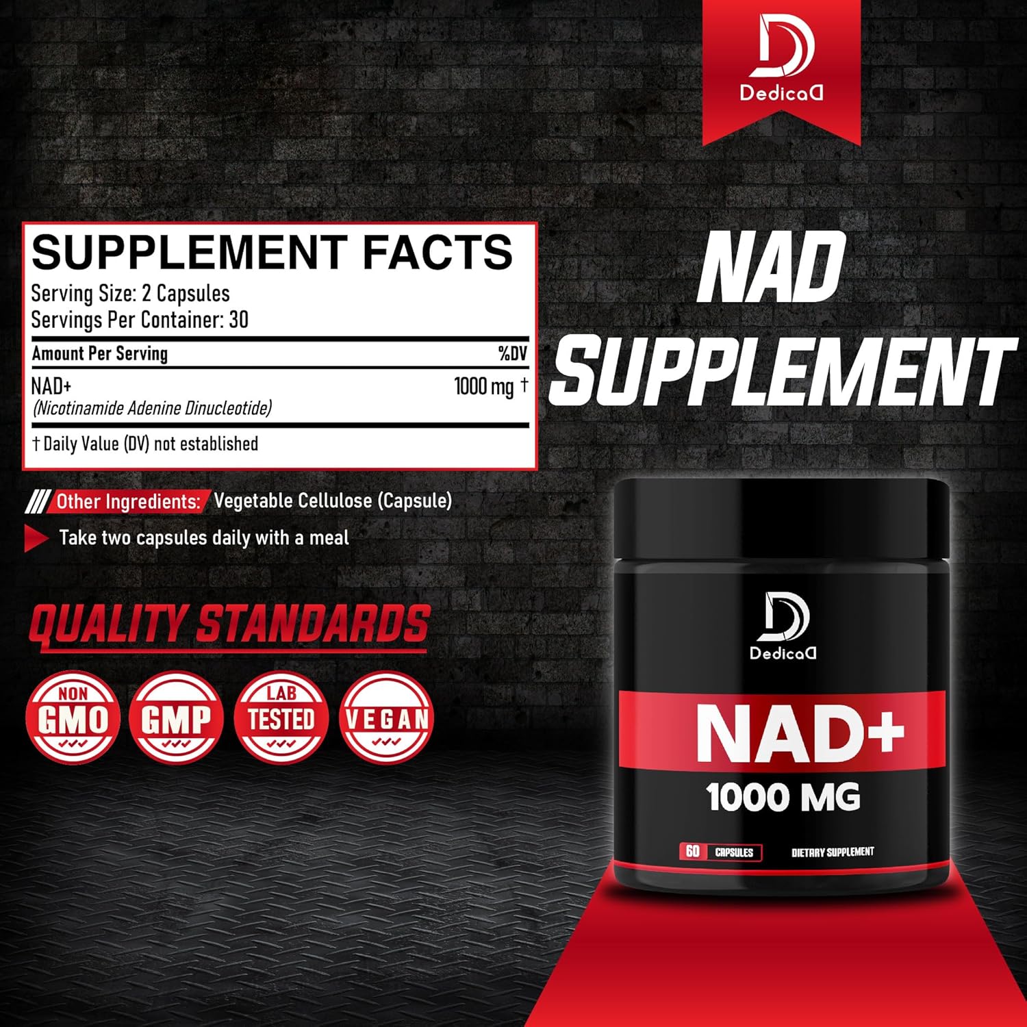 1000 mg Pure NAD+ Supplement for Energy, DNA Repair, Aging Defense, Brain Function - 60 Capsules