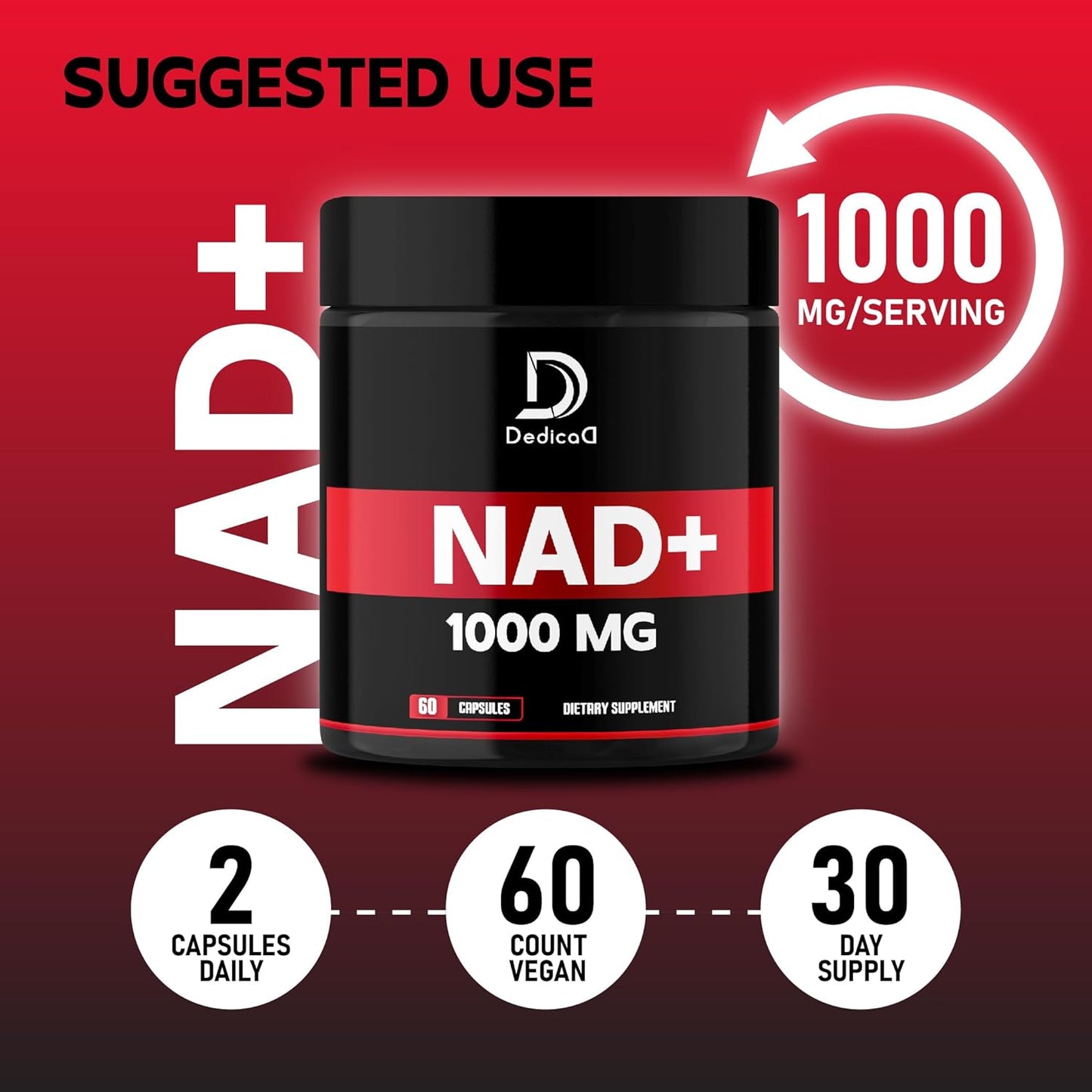 1000 mg Pure NAD+ Supplement for Energy, DNA Repair, Aging Defense, Brain Function - 60 Capsules