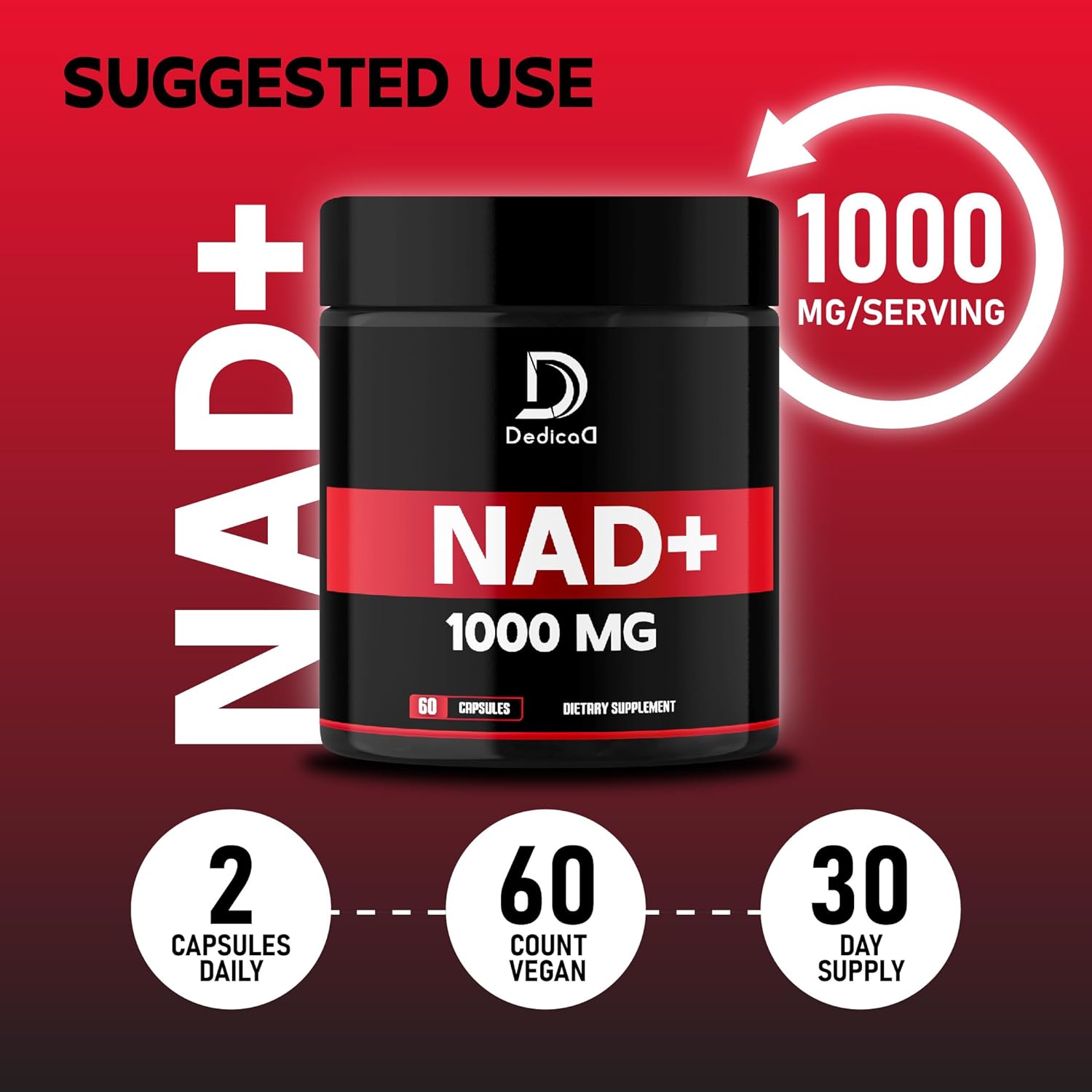 1000 mg Pure NAD+ Supplement for Energy, DNA Repair, Aging Defense, Brain Function - 60 Capsules