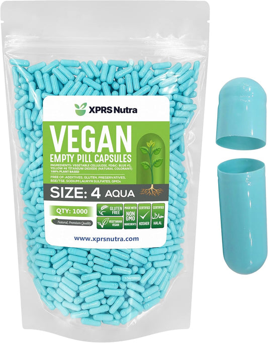 1000 Small Vegan Empty Capsules for DIY Vegetable Filling - Aqua Color Veggie Pill Capsules by XPRS Nutra Size 4