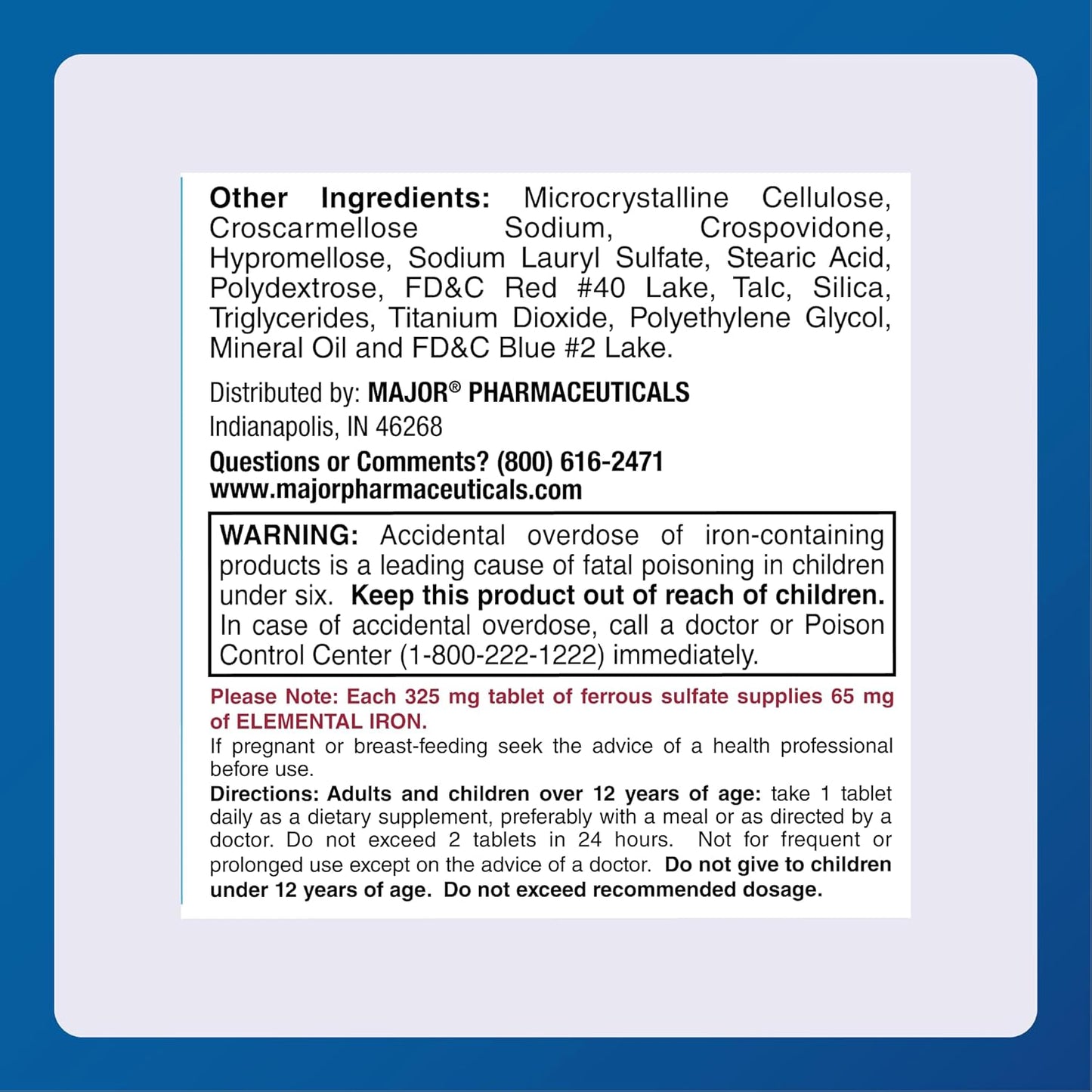 1000 Tablets of Major Ferosul 5GR FC Red Tabs Ferrous Sulfate 325mg - UPC 309047590803