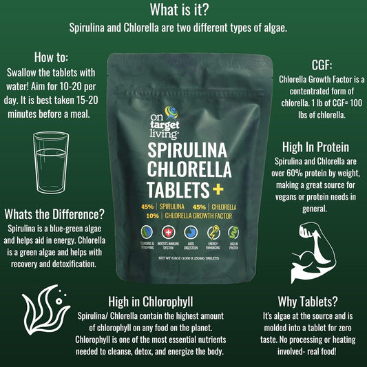 1000 Tablets of Vegan Spirulina Chlorella + CGF for Immune System Boost, Protein, Energy, Recovery | Alkalyzing & Nutrient Dense Detox Formula