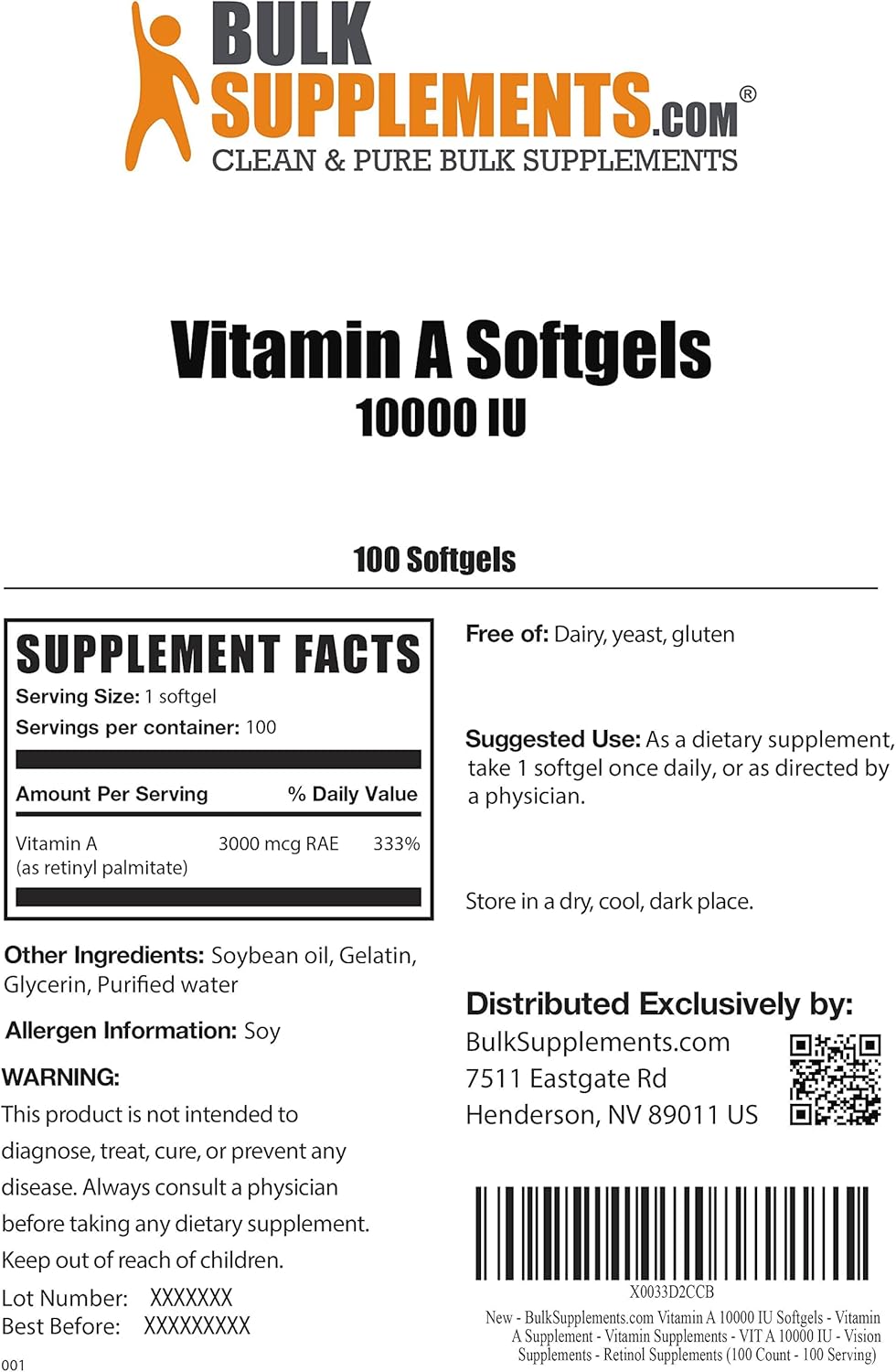 10000 IU Vitamin A Softgels - Retinyl Palmitate Capsules for Eye Health - Gluten Free Supplement, 100 Softgels, 1 Serving