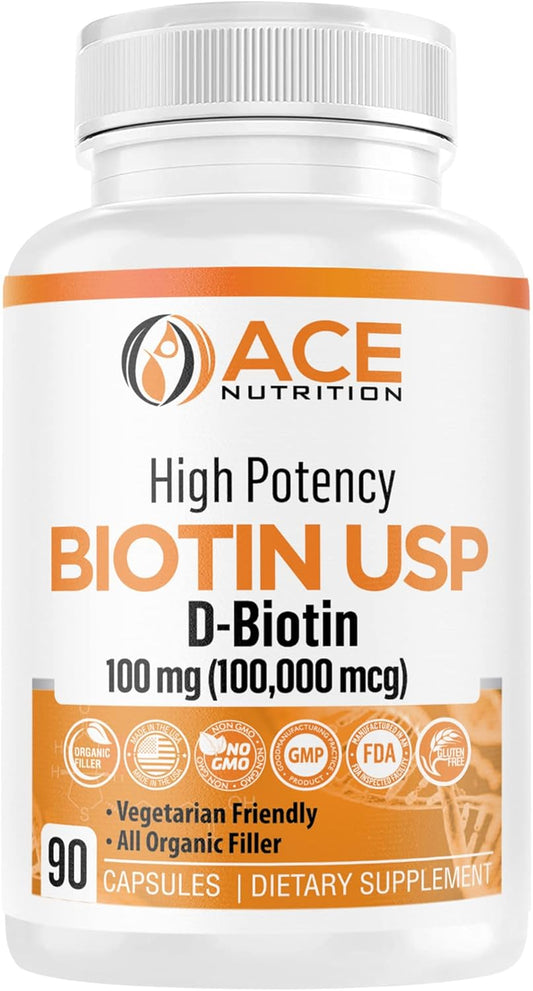 100,000mcg High Potency Biotin Capsules for Hair, Skin & Myelin Health - Organic, Vegetarian, Made in USA (100mg/90ct)
