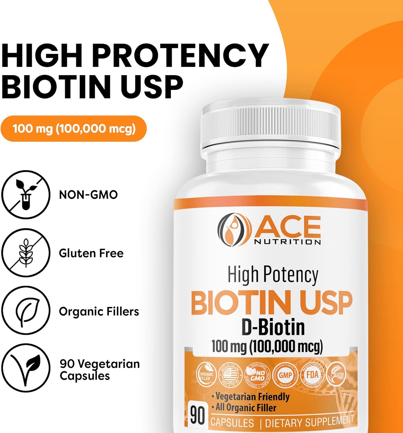 100,000mcg High Potency Biotin Capsules for Hair, Skin & Myelin Health - Organic, Vegetarian, Made in USA (100mg/90ct)