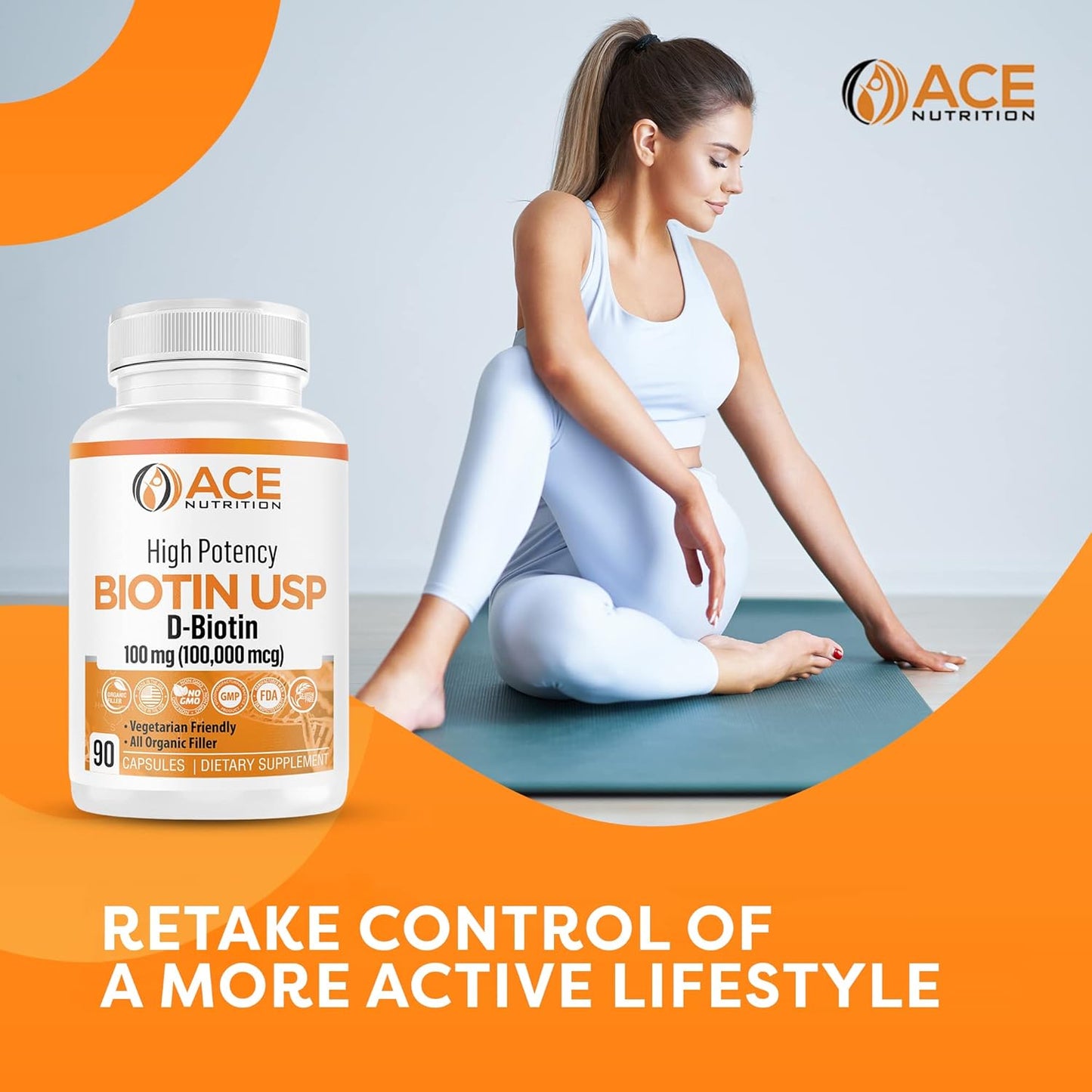 100,000mcg High Potency Biotin Capsules for Hair, Skin & Myelin Health - Organic, Vegetarian, Made in USA (100mg/90ct)