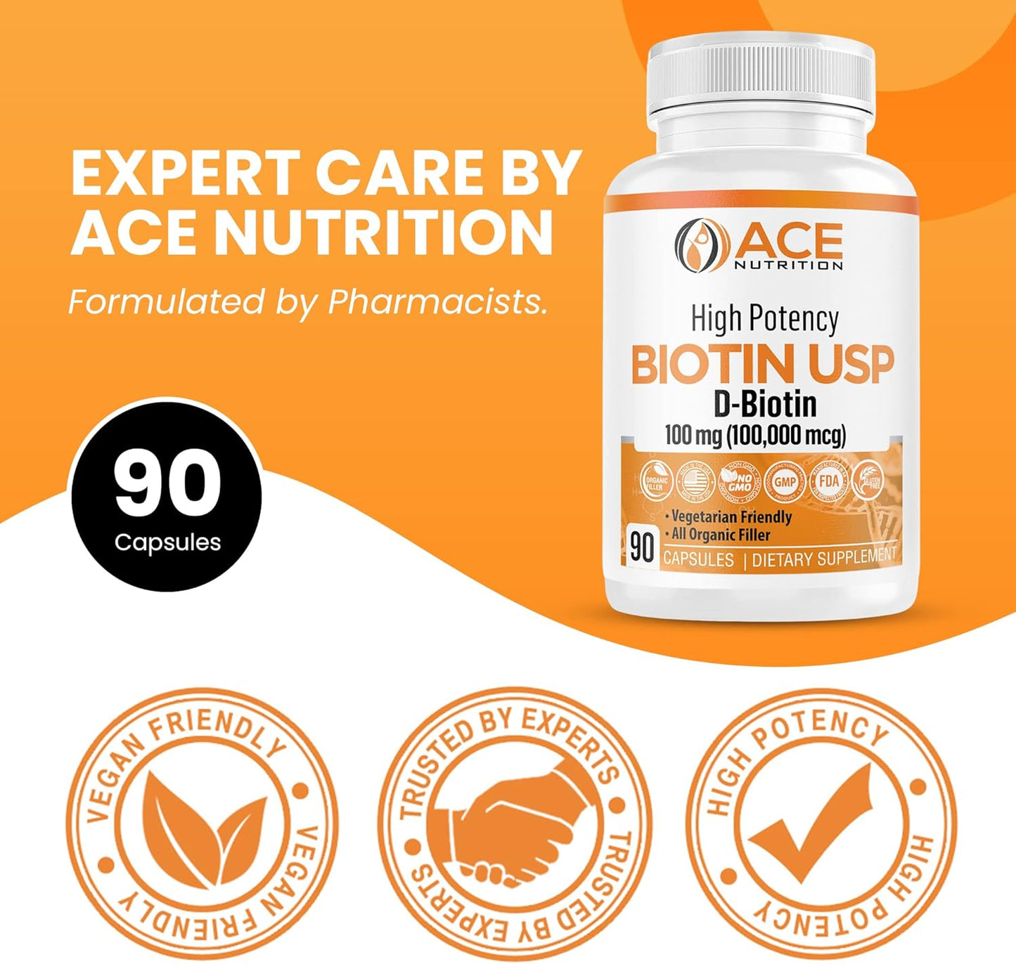 100,000mcg High Potency Biotin Capsules for Hair, Skin & Myelin Health - Organic, Vegetarian, Made in USA (100mg/90ct)