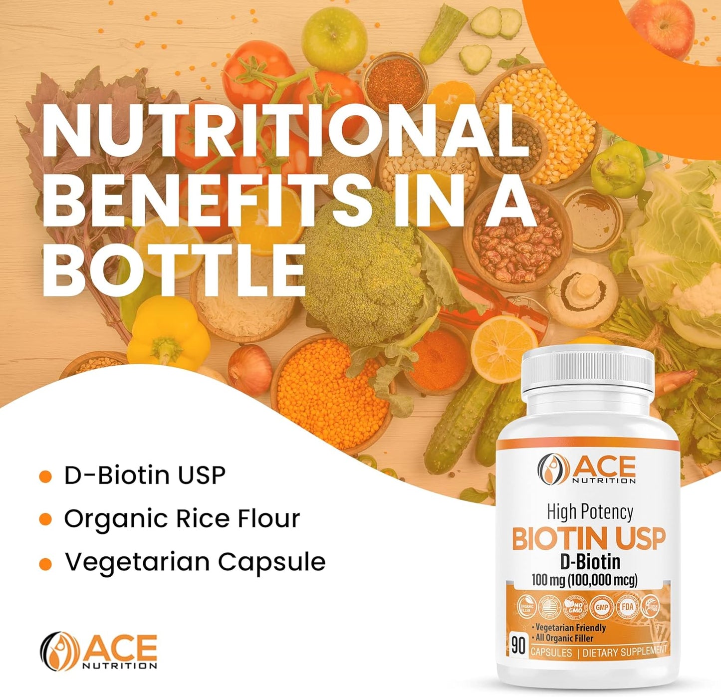 100,000mcg High Potency Biotin Capsules for Hair, Skin & Myelin Health - Organic, Vegetarian, Made in USA (100mg/90ct)