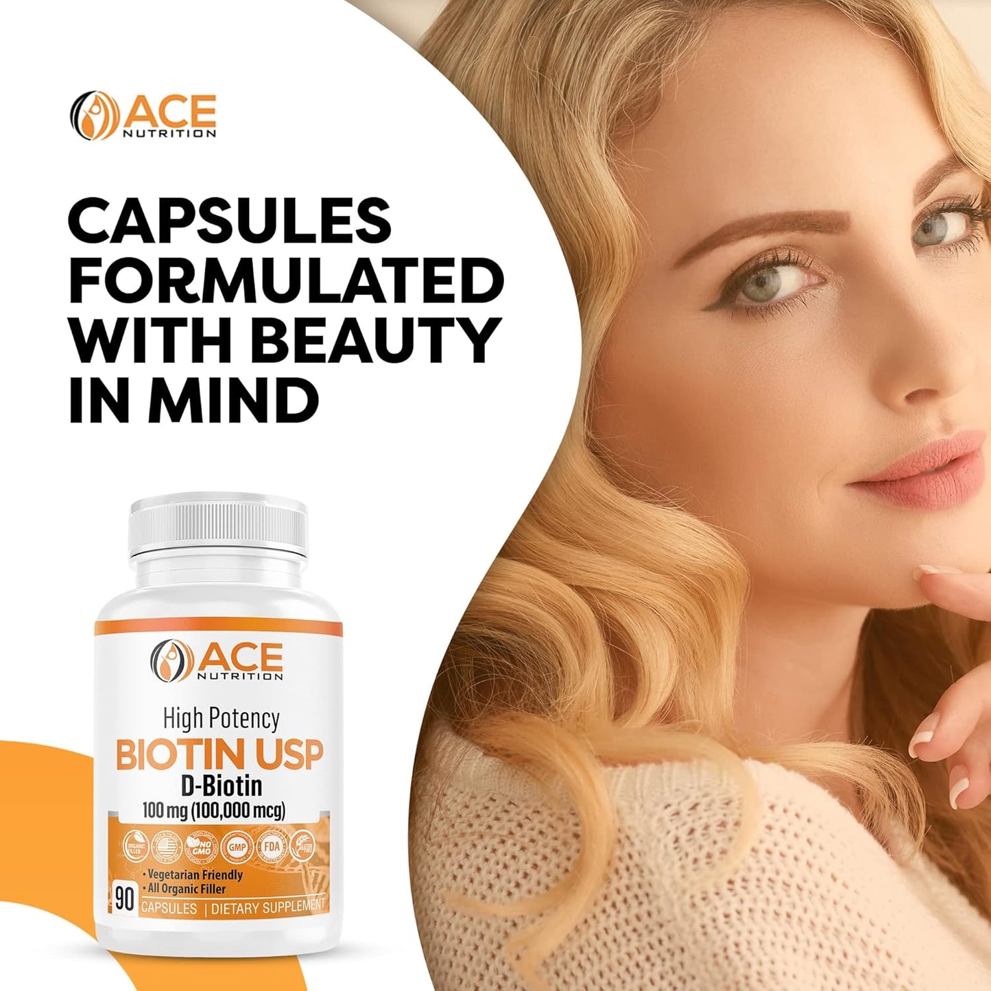 100,000mcg High Potency Biotin Capsules for Hair, Skin & Myelin Health - Organic, Vegetarian, Made in USA (100mg/90ct)