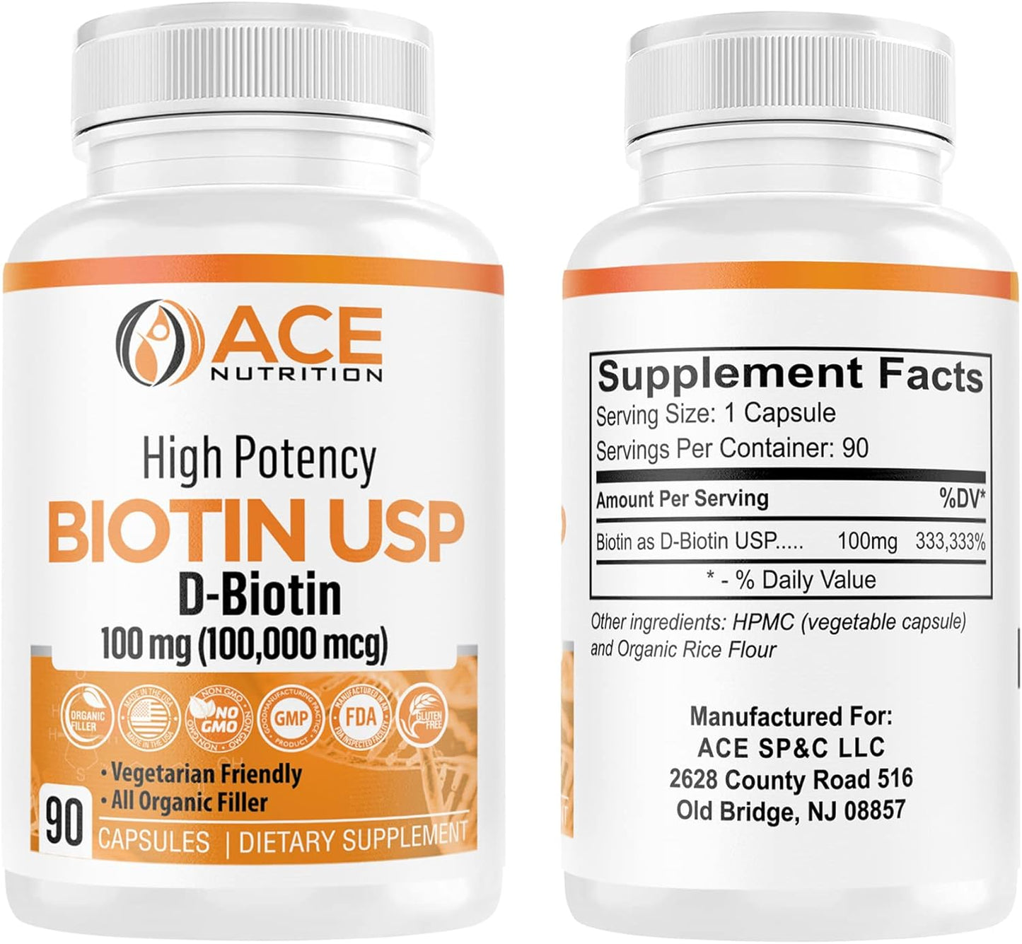 100,000mcg High Potency Biotin Capsules for Hair, Skin & Myelin Health - Organic, Vegetarian, Made in USA (100mg/90ct)