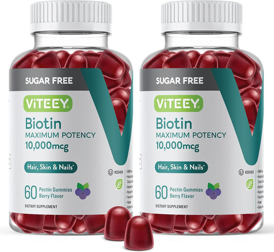 10,000mcg Biotin Gummies for Hair, Skin, Nails - Sugar-Free - Hair Growth, Healthy Skin, Strong Nails - Vegan, Gluten-Free - Berry Flavor