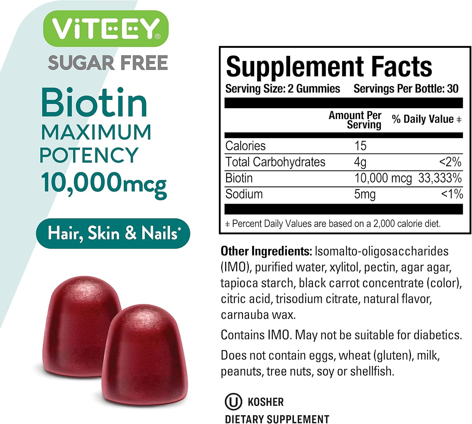 10,000mcg Biotin Gummies for Hair, Skin, Nails - Sugar-Free - Hair Growth, Healthy Skin, Strong Nails - Vegan, Gluten-Free - Berry Flavor