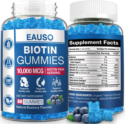 10,000mcg Extra Strength Biotin Gummies for Hair, Skin, Nails - 60 ct - Vegan, Non-GMO Supplement