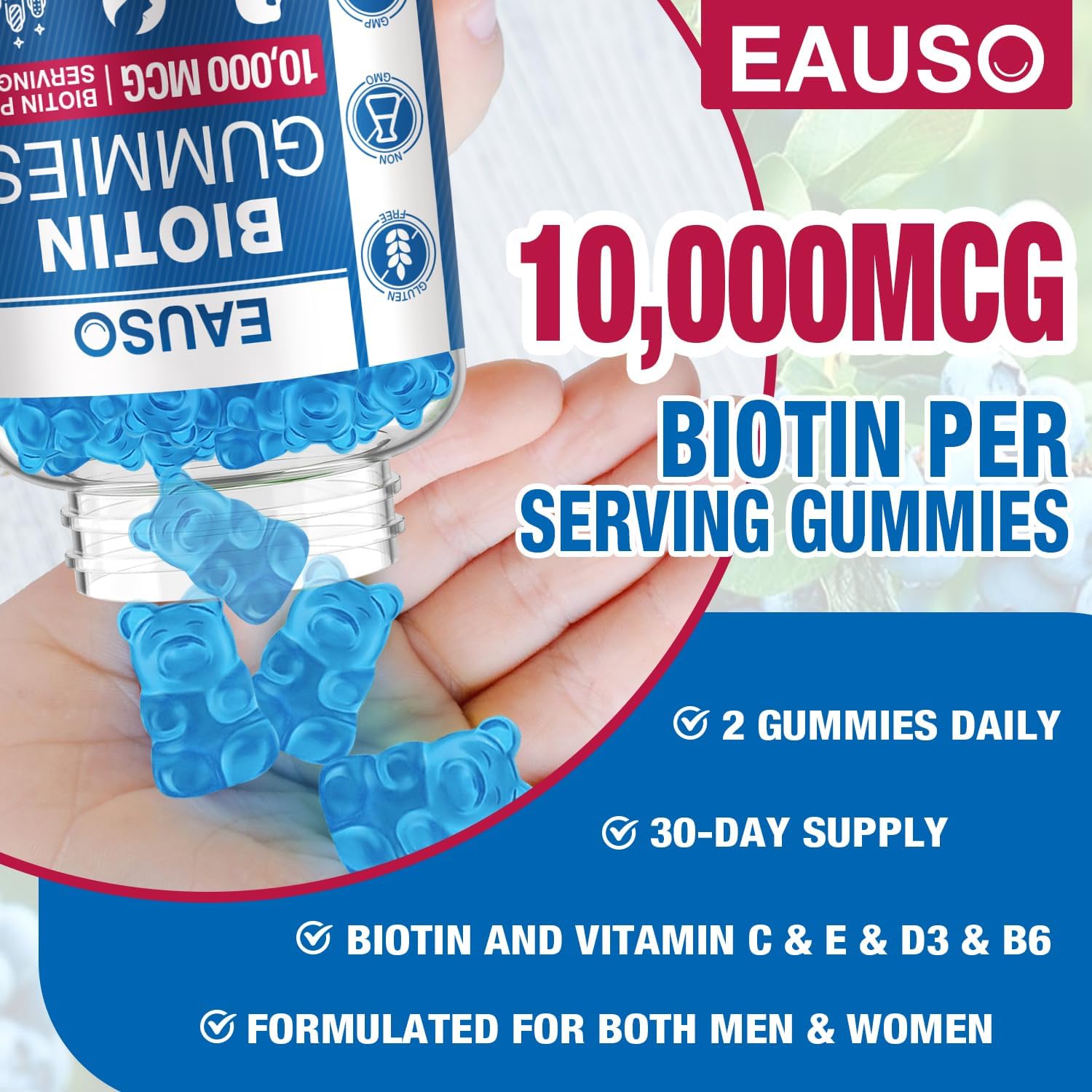 10,000mcg Extra Strength Biotin Gummies for Hair, Skin, Nails - 60 ct - Vegan, Non-GMO Supplement