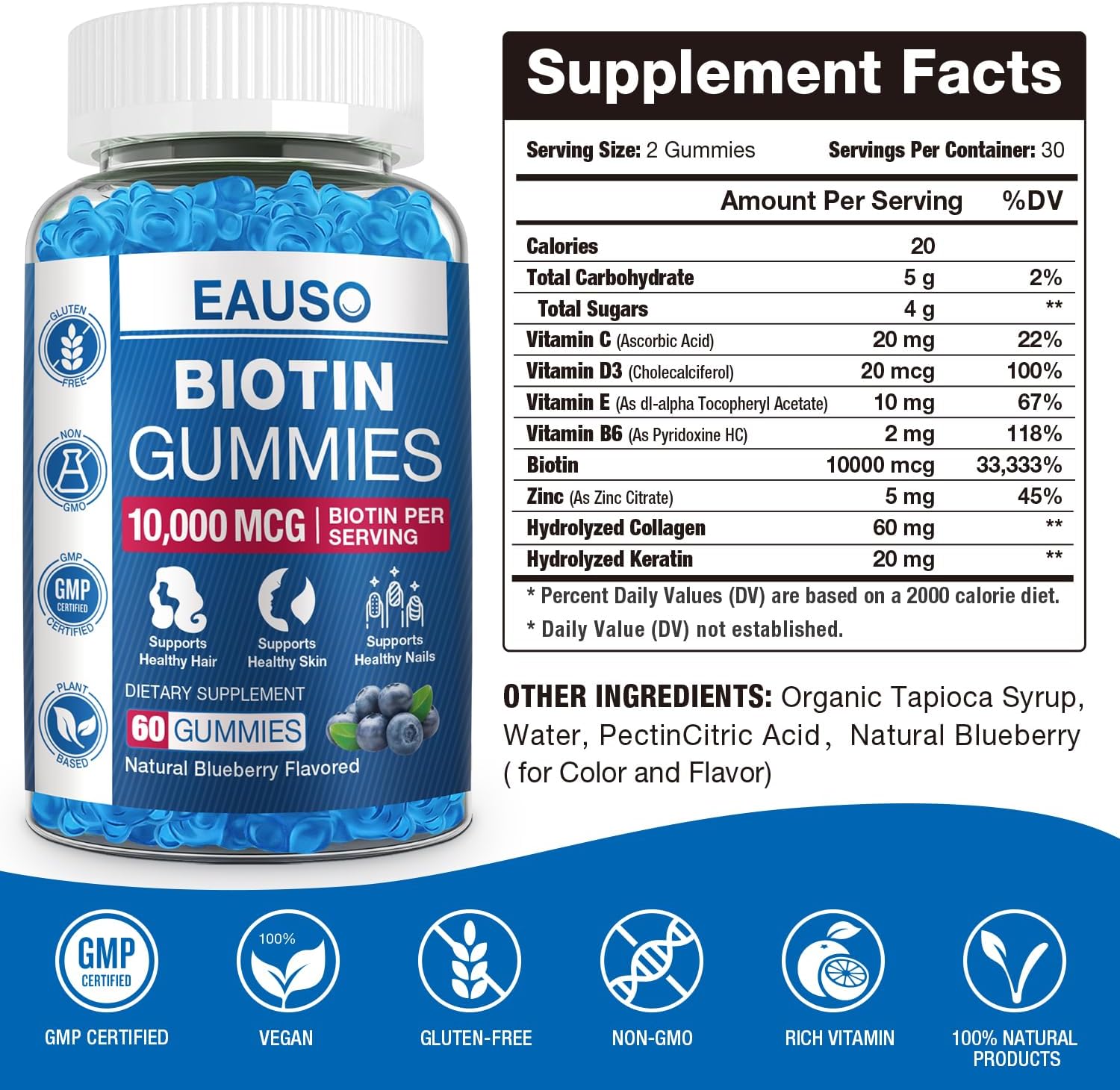 10,000mcg Extra Strength Biotin Gummies for Hair, Skin, Nails - 60 ct - Vegan, Non-GMO Supplement