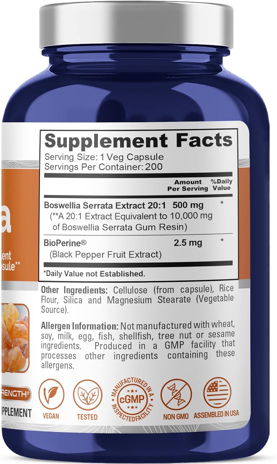 10,000mg Boswellia Serrata Extract Capsules - 200 Count (20:1 Extract, Non-GMO, Vegan, with Bioperine) - Ayurvedic Frankincense Herb