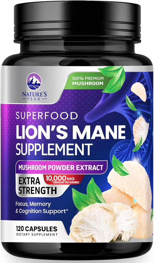 10,000mg Lions Mane Mushroom Capsules for Memory, Focus, Brain & Immune Health - 120 Capsules