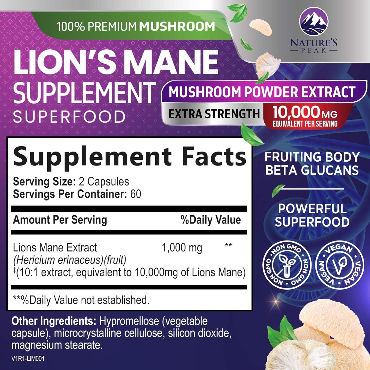 10,000mg Lions Mane Mushroom Capsules for Memory, Focus, Brain & Immune Health - 120 Capsules