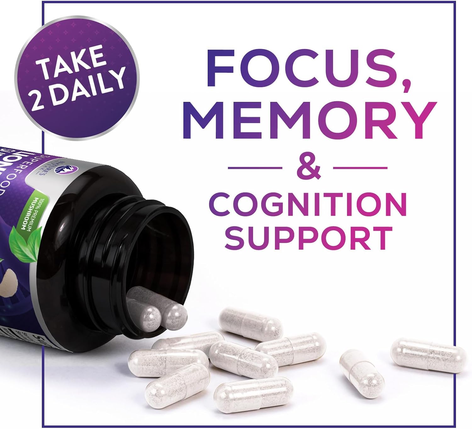 10,000mg Lions Mane Mushroom Capsules for Memory, Focus, Brain & Immune Health - 120 Capsules
