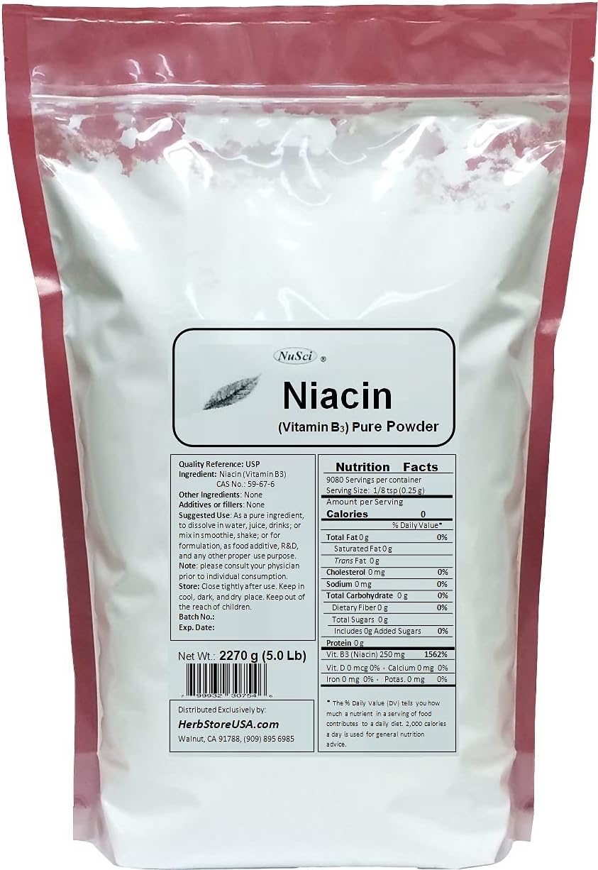 1000g Niacin Vitamin B3 Pure Powder Supplement by NuSci - 2.2 lb Size