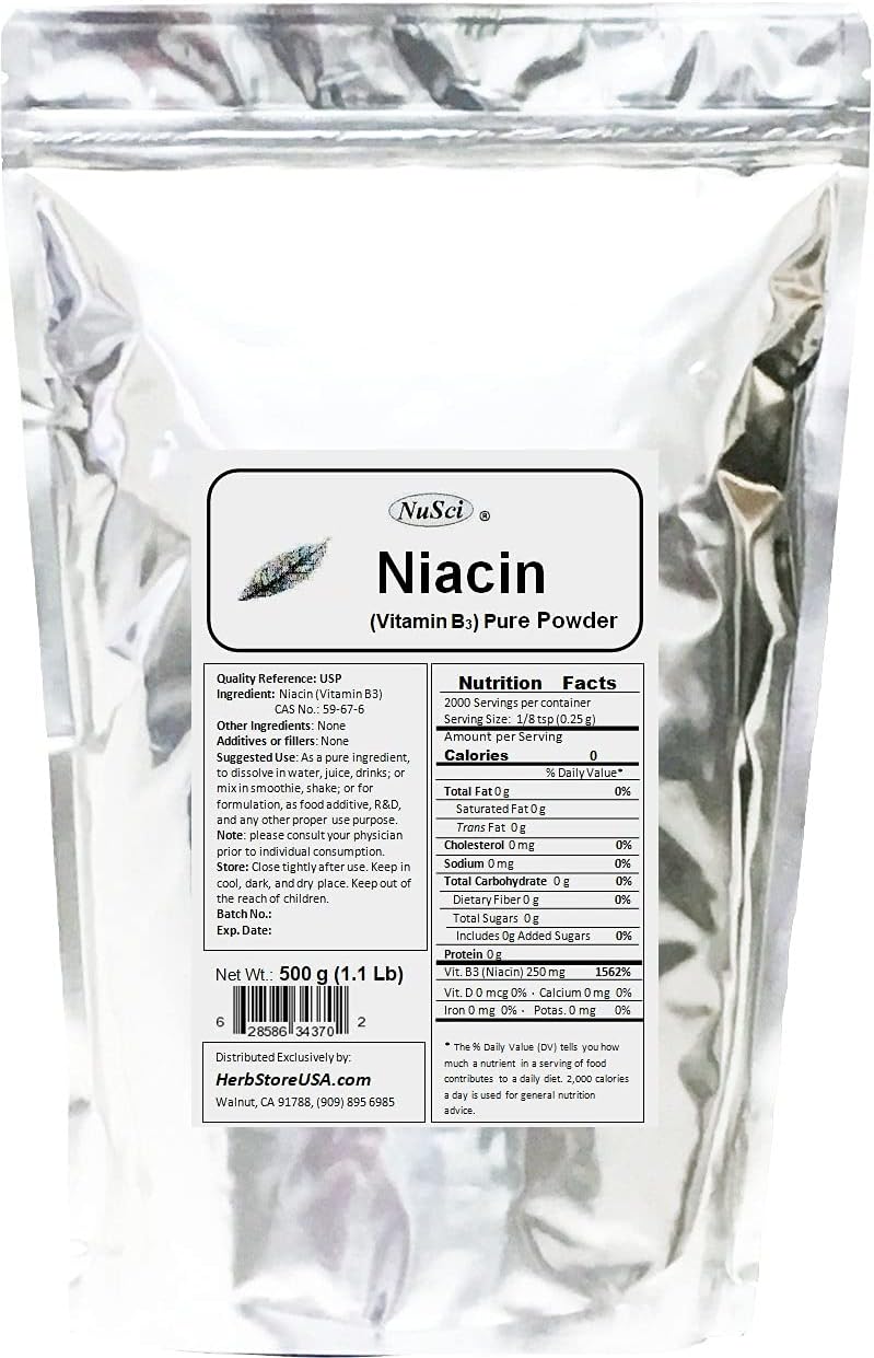 1000g Niacin Vitamin B3 Pure Powder Supplement by NuSci - 2.2 lb Size