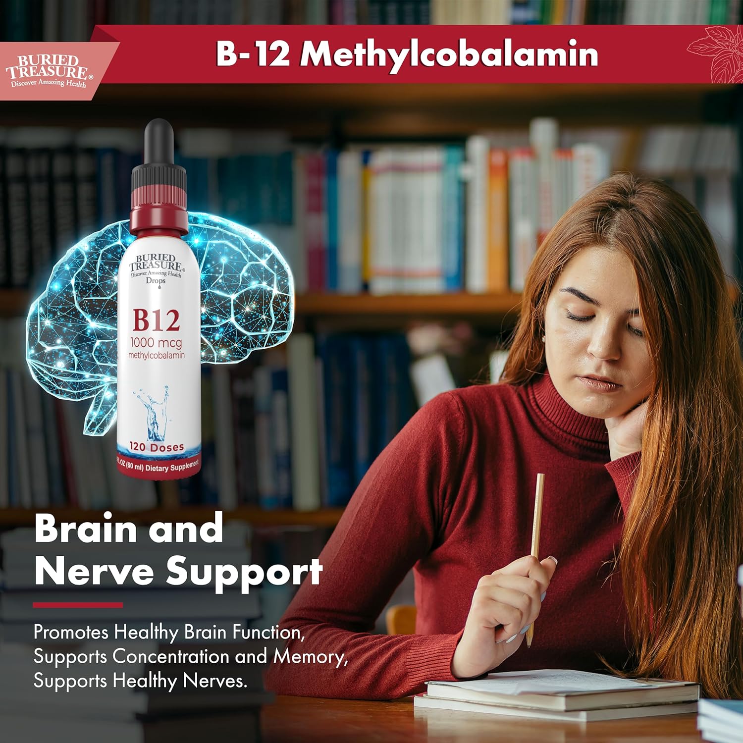 1000mcg Vitamin B12 Methylcobalamin Drops - Sublingual, Alcohol-Free, Vegan, Raspberry Flavor - 2 oz Bottle, 120 Servings - Accurate Dosing