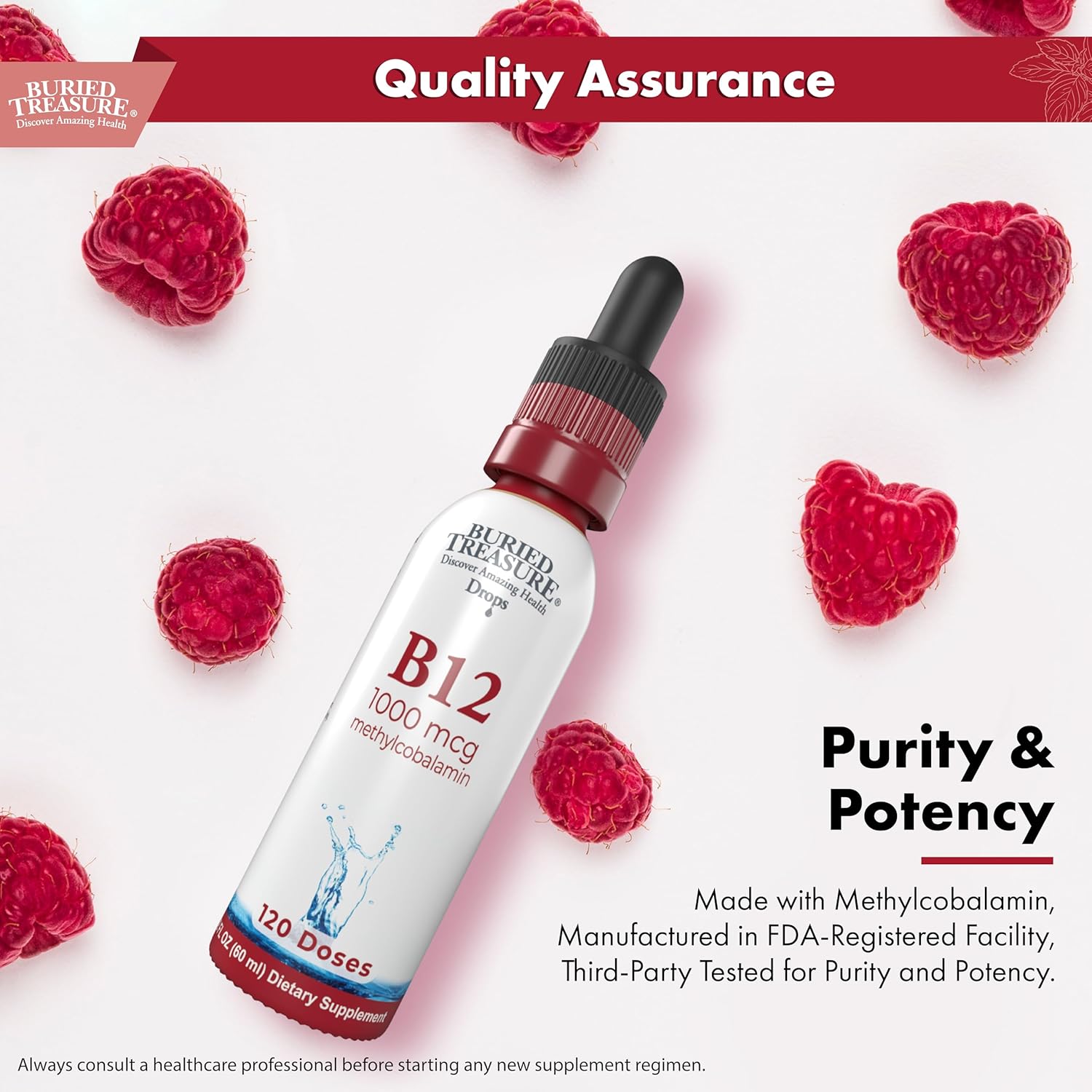 1000mcg Vitamin B12 Methylcobalamin Drops - Sublingual, Alcohol-Free, Vegan, Raspberry Flavor - 2 oz Bottle, 120 Servings - Accurate Dosing