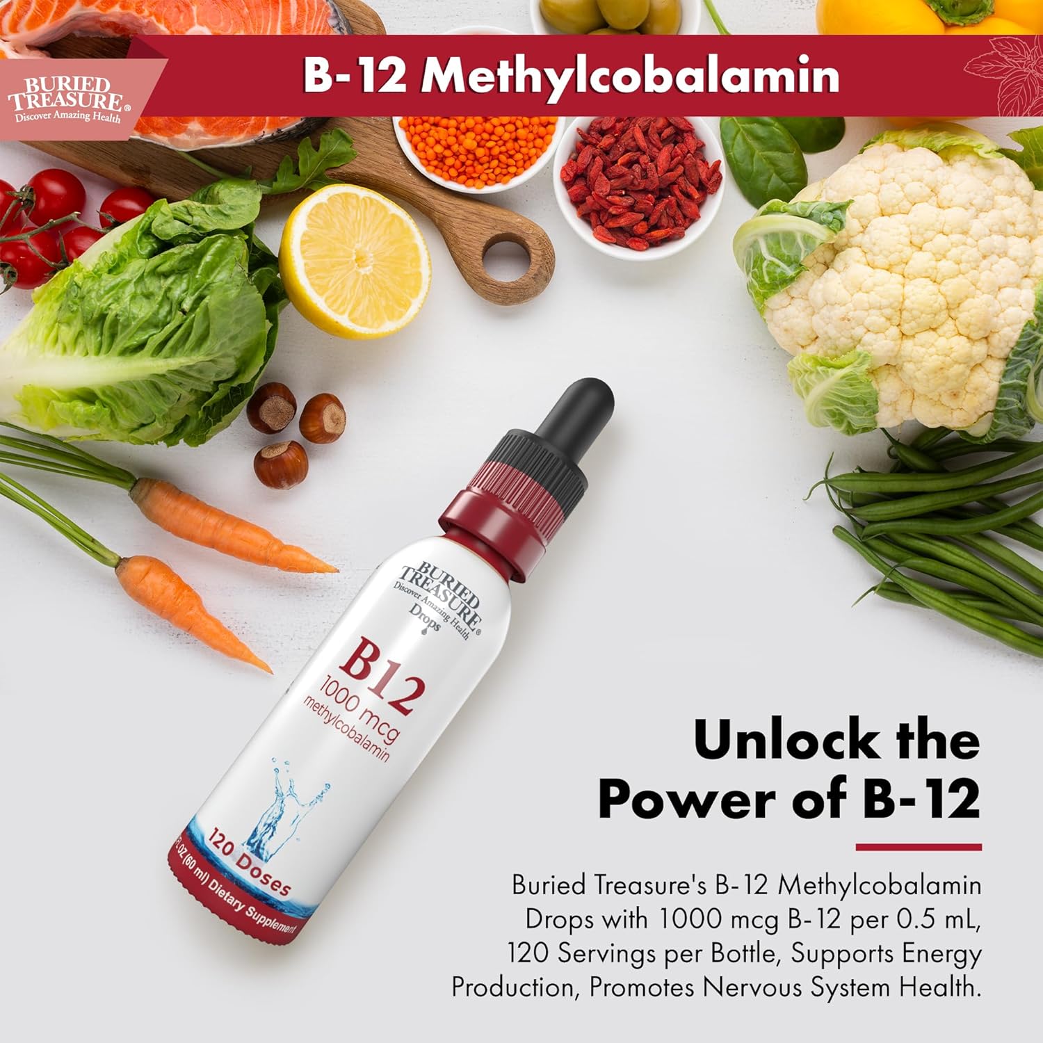 1000mcg Vitamin B12 Methylcobalamin Drops - Sublingual, Alcohol-Free, Vegan, Raspberry Flavor - 2 oz Bottle, 120 Servings - Accurate Dosing