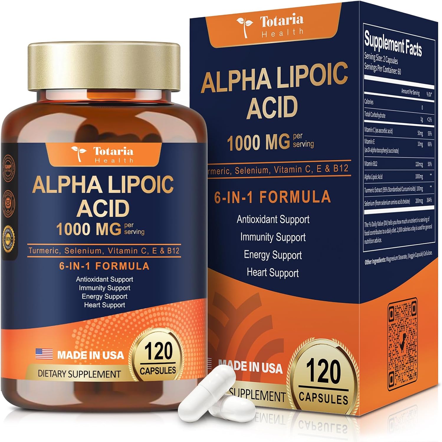 1000mg ALA Supplement Capsules for Neuropathy Support and Anti-Aging - Totaria Alpha Lipoic Acid for Overall Health