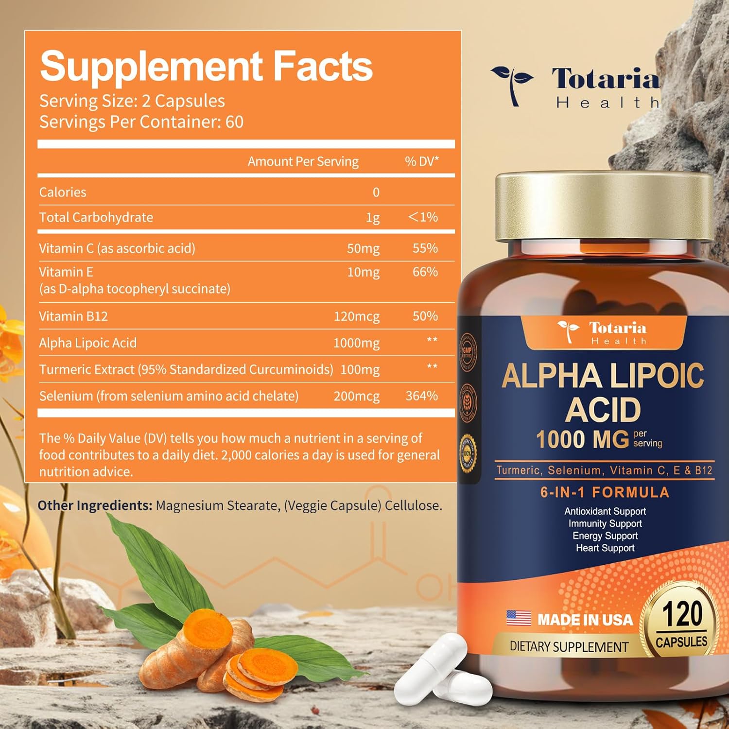 1000mg ALA Supplement Capsules for Neuropathy Support and Anti-Aging - Totaria Alpha Lipoic Acid for Overall Health